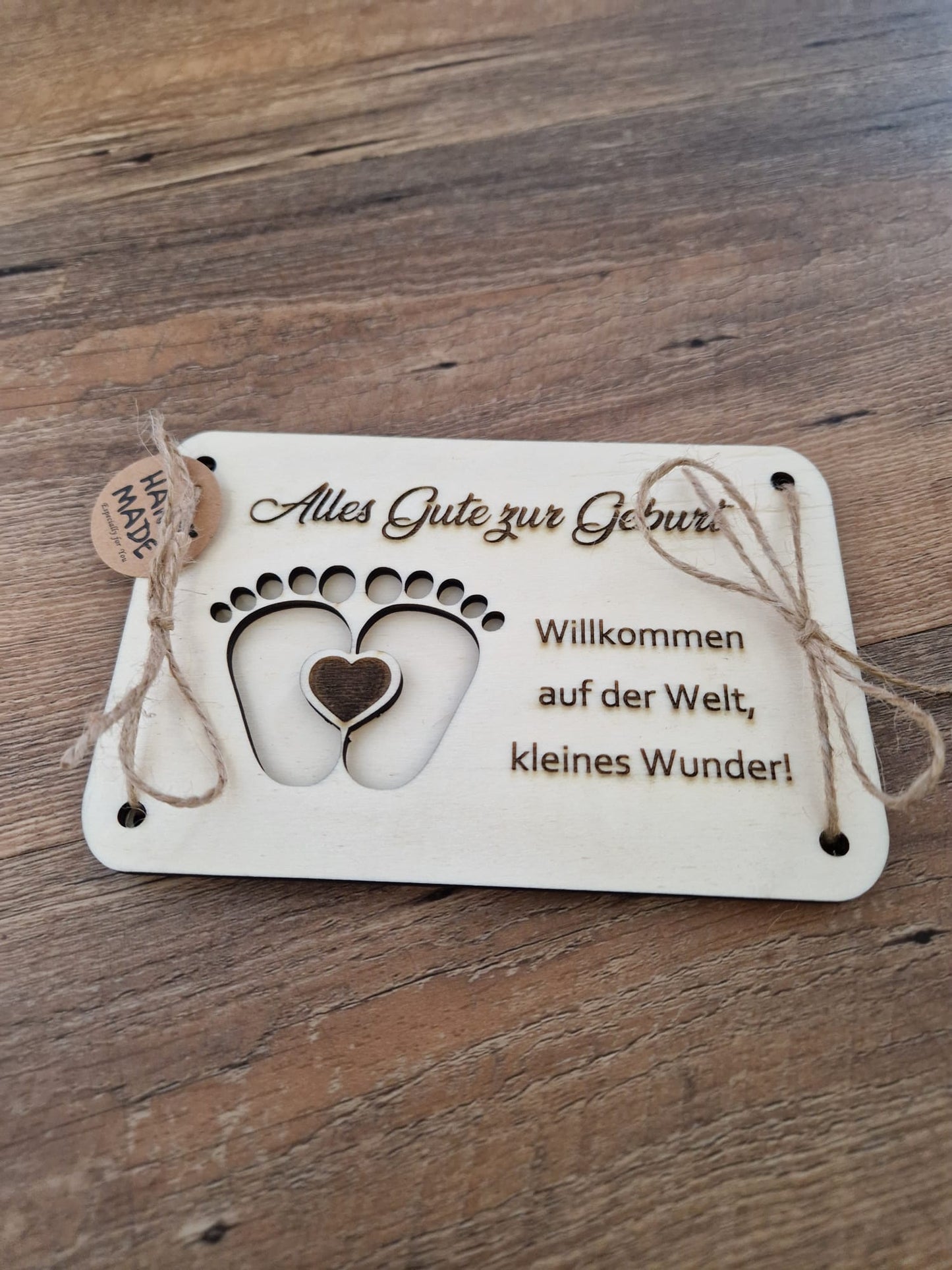 Holzgeschenk Karte zur Geburt - 15x10 - Ideal für Geldgeschenke